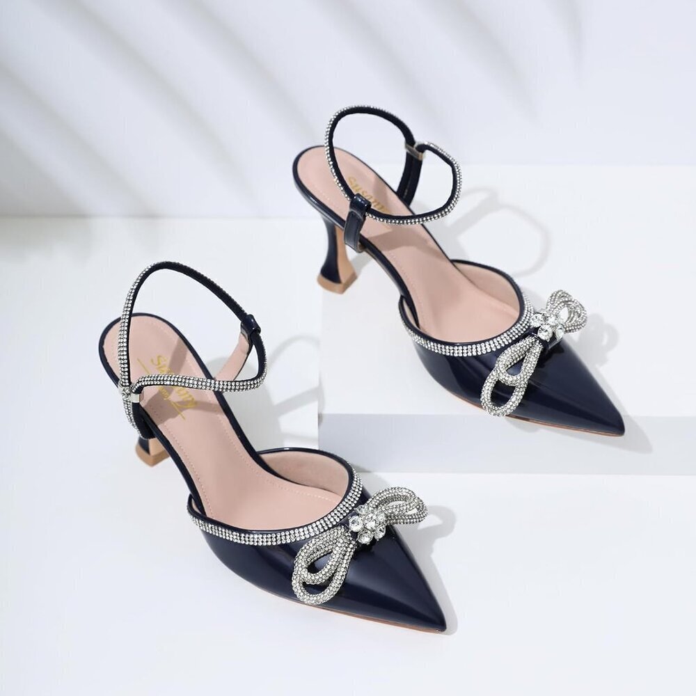 Women's Navy Closed Toe Rhinestone Wedding Low Slingback Clear Kitten Heels